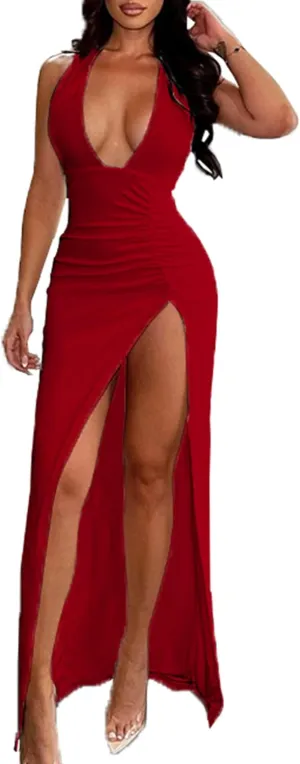 Women's Sexy Halter Deep V Neck Maxi Dresses Sleeveless Backless Split Sundress High Slit Ruched Long Dress