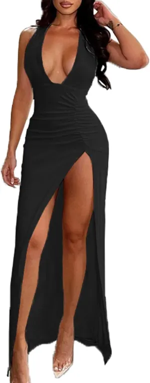 Women's Sexy Halter Deep V Neck Maxi Dresses Sleeveless Backless Split Sundress High Slit Ruched Long Dress