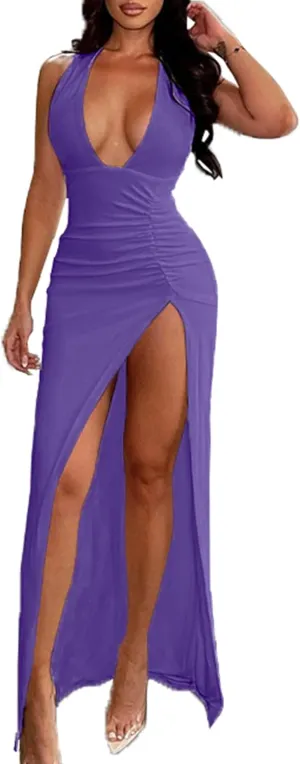 Women's Sexy Halter Deep V Neck Maxi Dresses Sleeveless Backless Split Sundress High Slit Ruched Long Dress