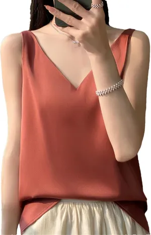 Women's Sleeveless Satin Silk Vest Summer Fashion Solid Color Casual Camisole Work Shirts