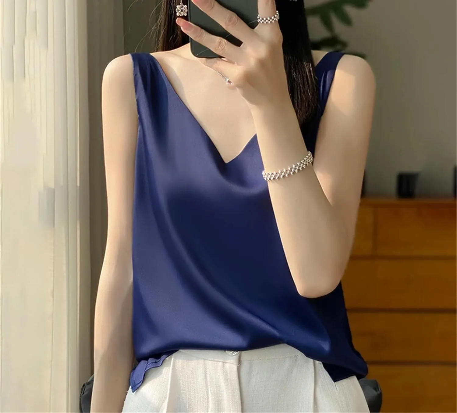 Women's Sleeveless Satin Silk Vest Summer Fashion Solid Color Casual Camisole Work Shirts