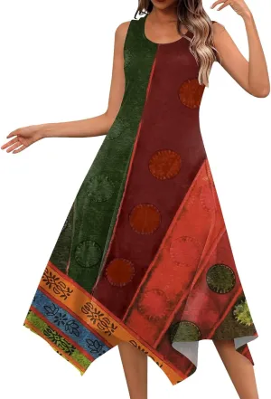 Women's Sleeveless Tank Dress Trendy Round Neck Floral Print Irregular Hem Beach Vacation Party Dresses
