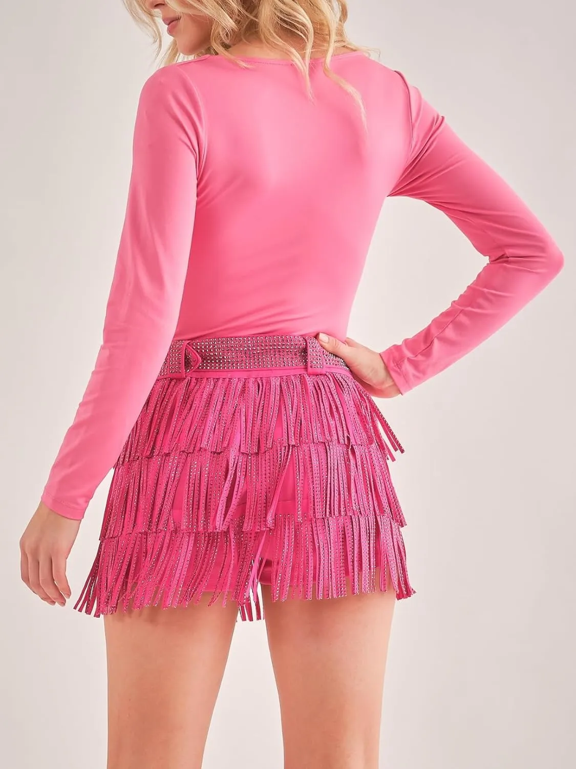 Womens Sparkle Rhinestone Fringe Shorts Pants Elastic Band Skort Western Cowgirl Mini Skirt Built-in Short