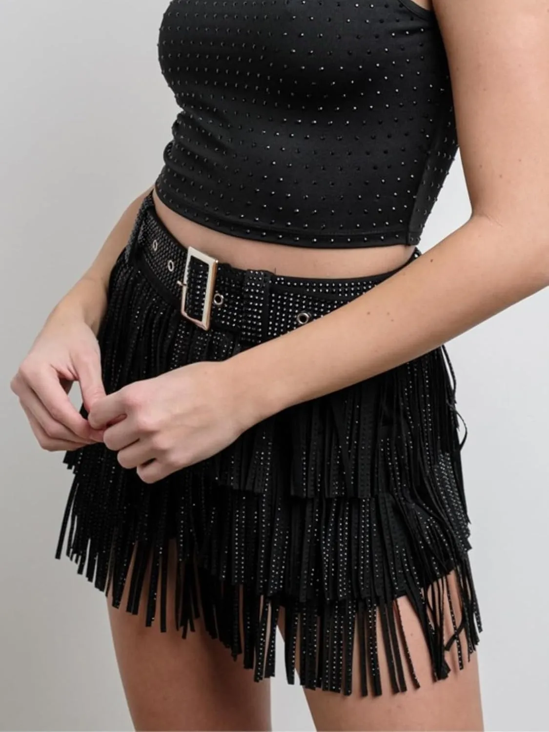 Womens Sparkle Rhinestone Fringe Shorts Pants Elastic Band Skort Western Cowgirl Mini Skirt Built-in Short