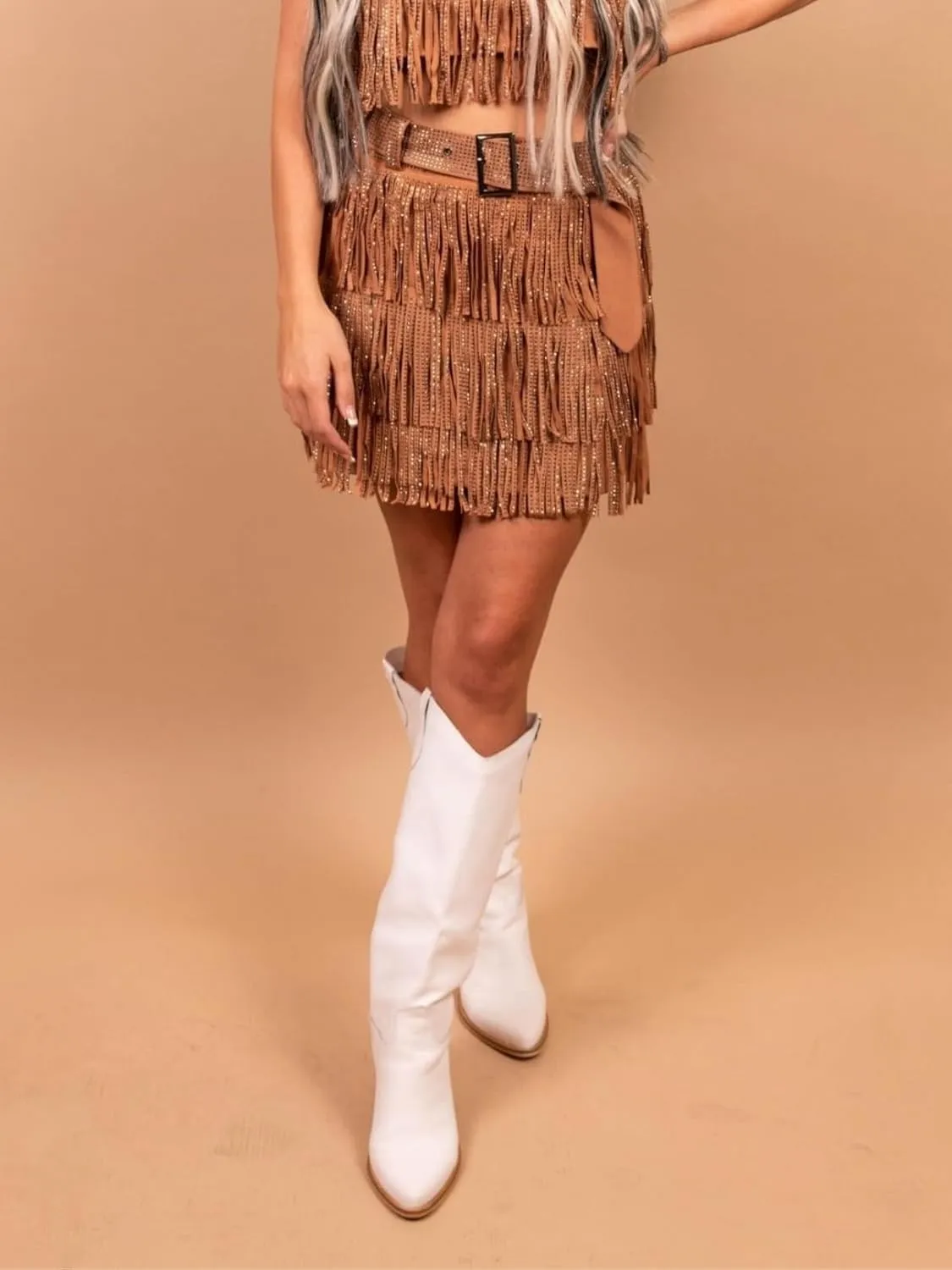 Womens Sparkle Rhinestone Fringe Skirt Elastic Waistband Short Mini Dress with Adjustable and Removable Belt