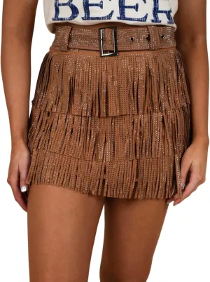 Womens Sparkle Rhinestone Fringe Skirt Elastic Waistband Short Mini Dress with Adjustable and Removable Belt