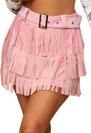 Womens Sparkle Rhinestone Fringe Skirt Elastic Waistband Short Mini Dress with Adjustable and Removable Belt
