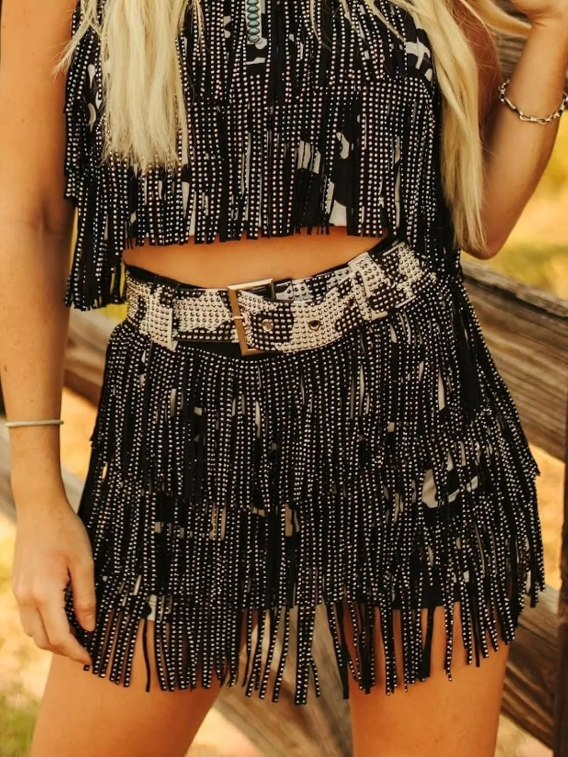 Womens Sparkle Rhinestone Fringe Skirt Elastic Waistband Short Mini Dress with Adjustable and Removable Belt