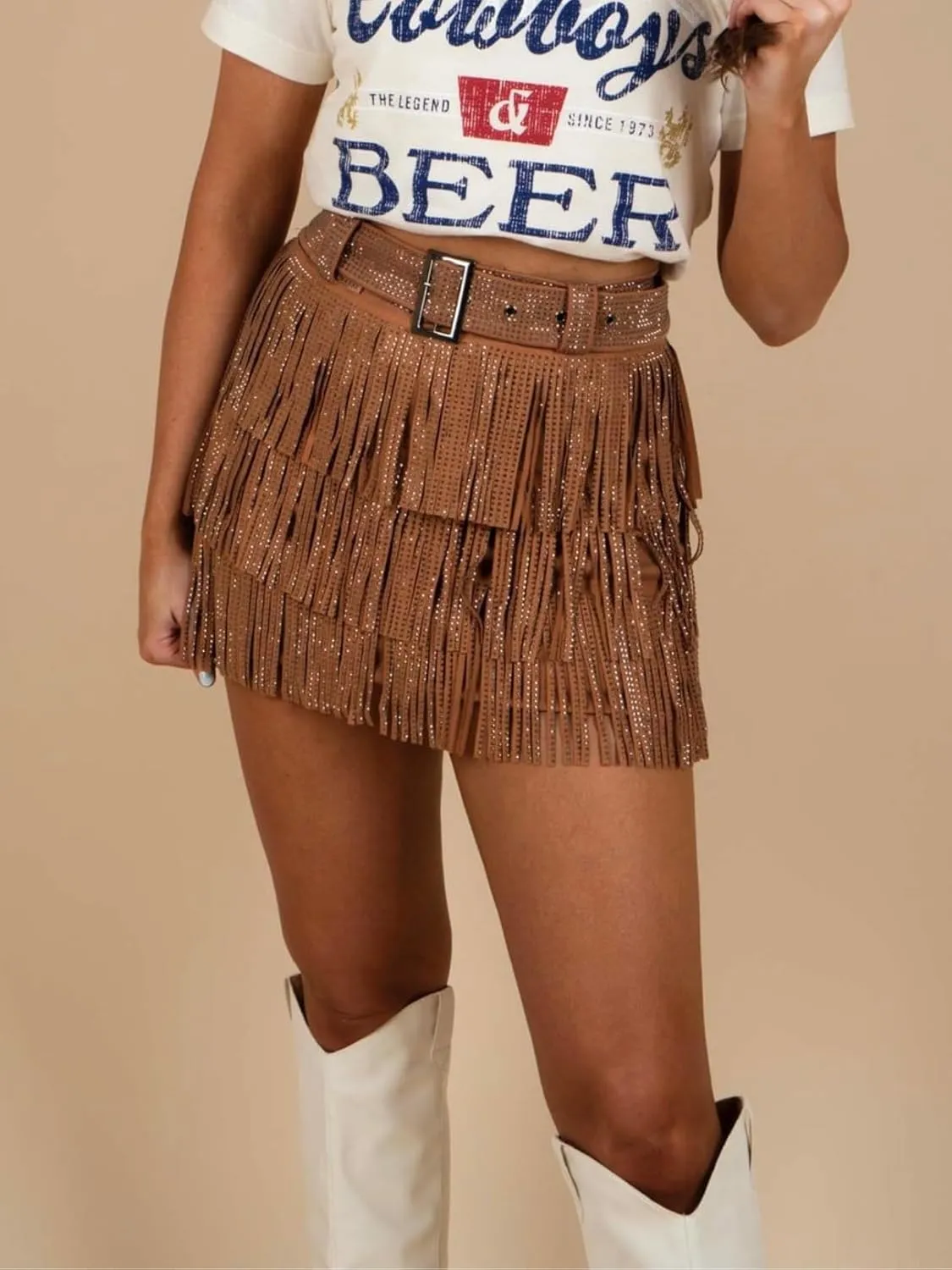 Womens Sparkle Rhinestone Fringe Skirt Elastic Waistband Short Mini Dress with Adjustable and Removable Belt