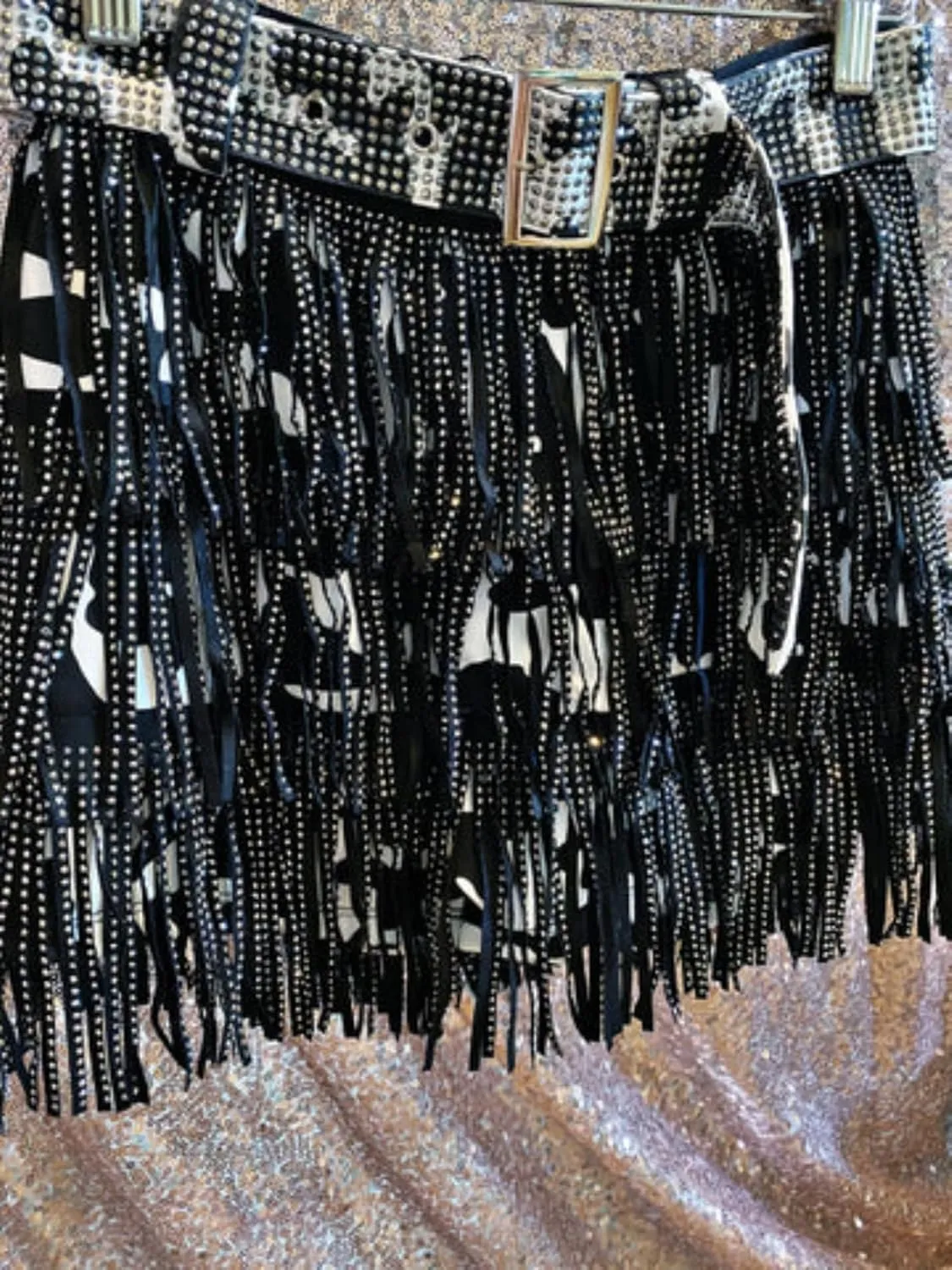 Womens Sparkle Rhinestone Fringe Skirt Elastic Waistband Short Mini Dress with Adjustable and Removable Belt