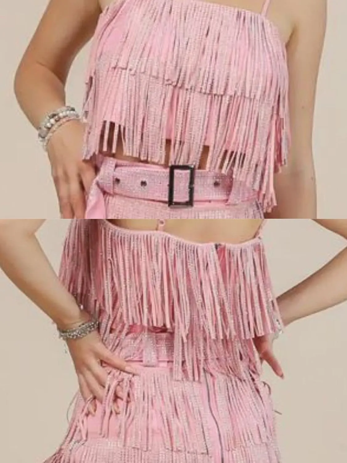 Womens Sparkle Rhinestone Fringe Skirt Elastic Waistband Short Mini Dress with Adjustable and Removable Belt
