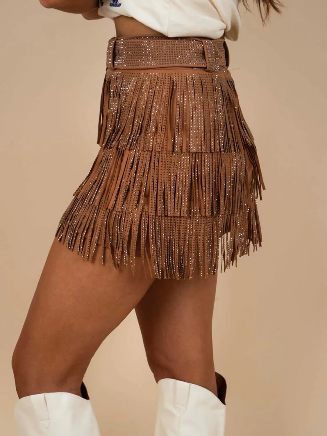 Womens Sparkle Rhinestone Fringe Skirt Elastic Waistband Short Mini Dress with Adjustable and Removable Belt