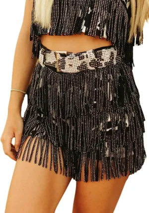 Womens Sparkle Rhinestone Fringe Skirt Elastic Waistband Short Mini Dress with Adjustable and Removable Belt