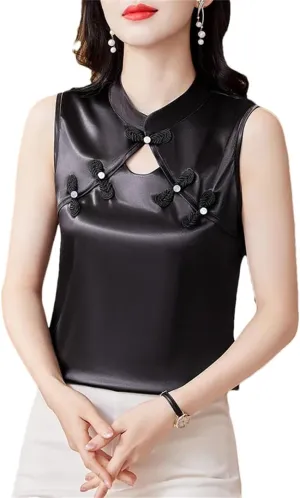 Women's Summer Camisole Vest Silk Satin Tank Tops Sleeveless Hollow Out Shirt