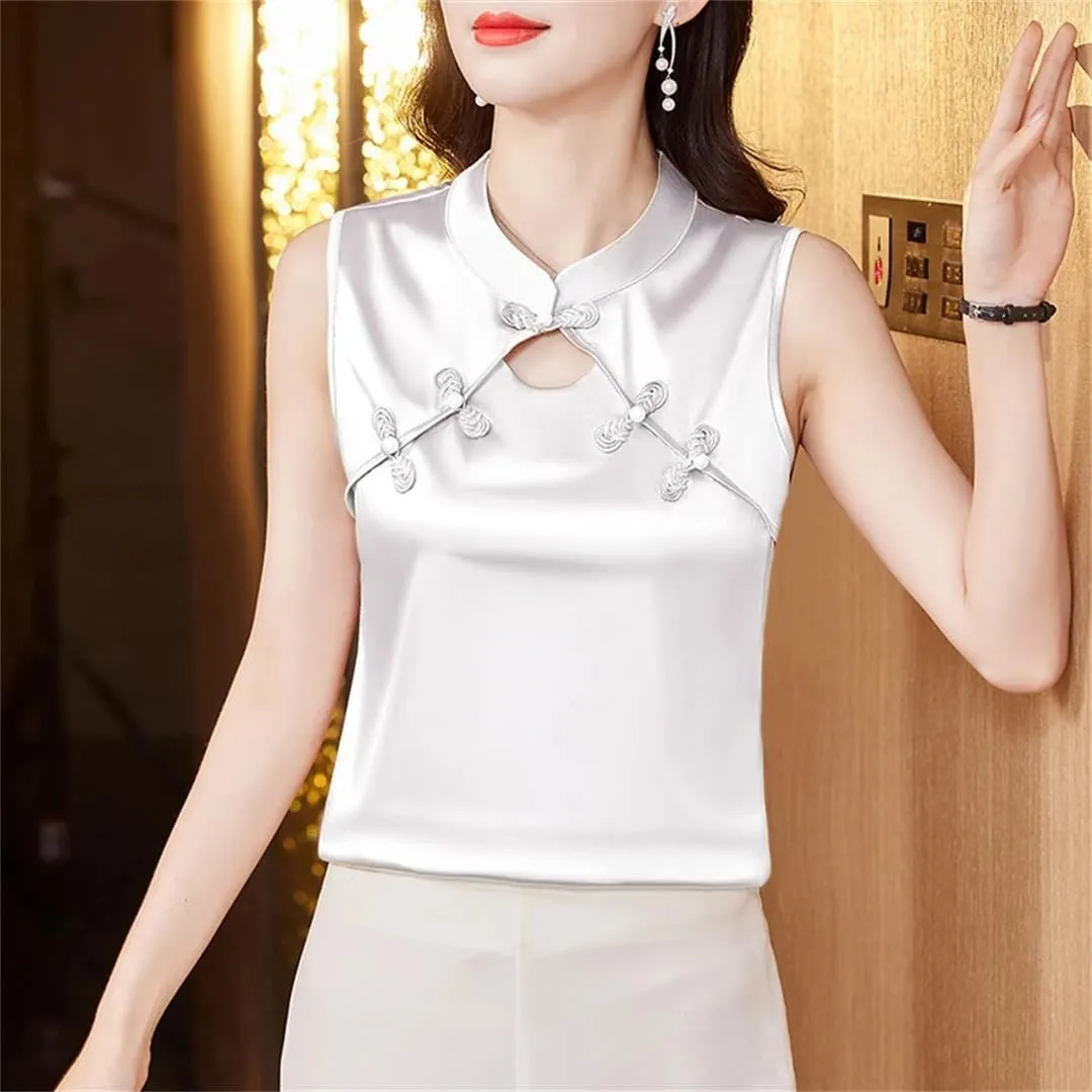 Women's Summer Camisole Vest Silk Satin Tank Tops Sleeveless Hollow Out Shirt