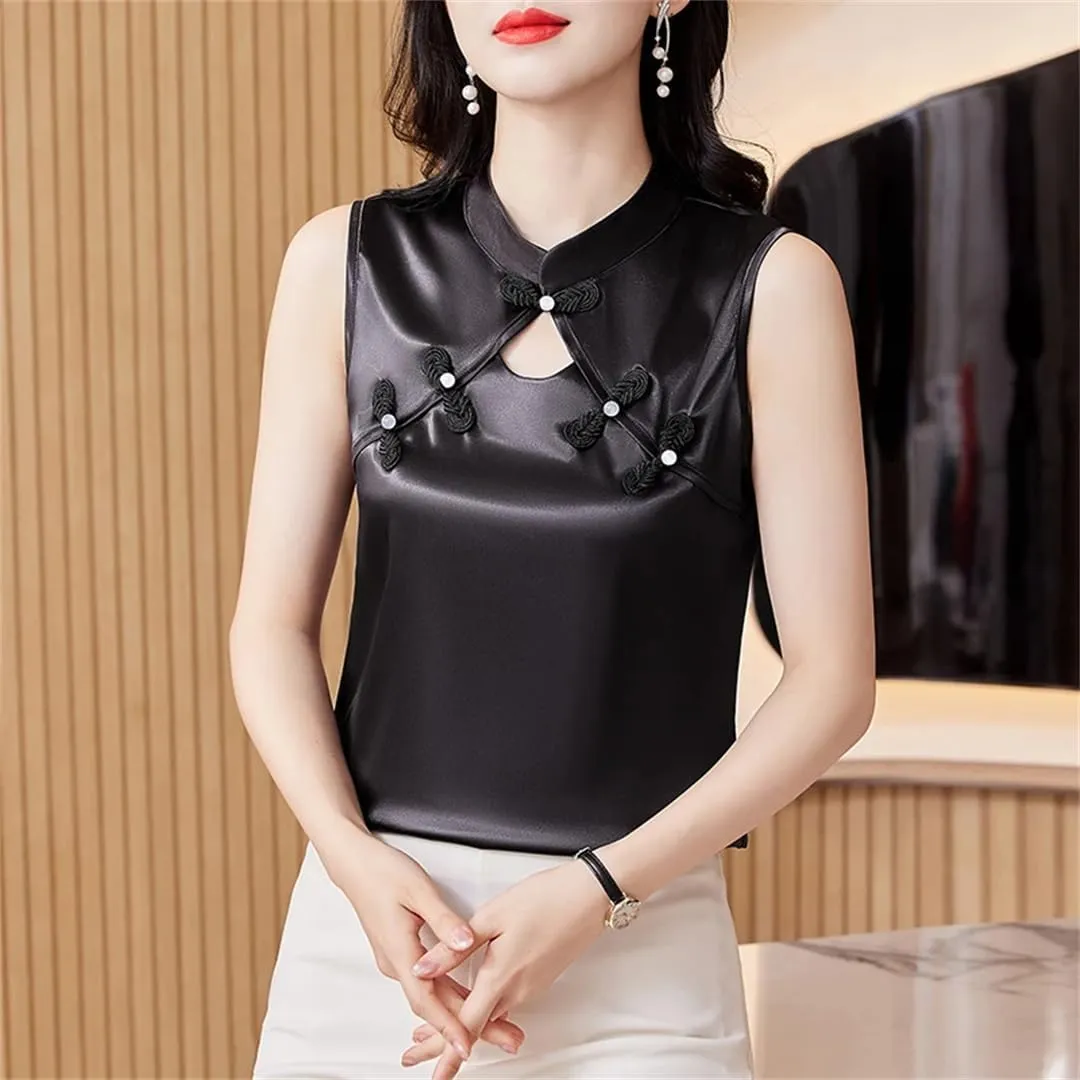 Women's Summer Camisole Vest Silk Satin Tank Tops Sleeveless Hollow Out Shirt