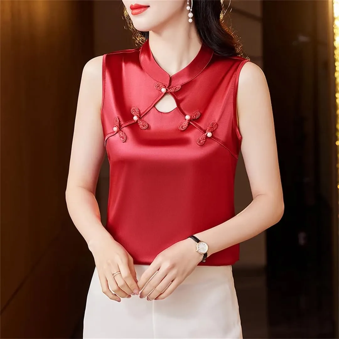 Women's Summer Camisole Vest Silk Satin Tank Tops Sleeveless Hollow Out Shirt