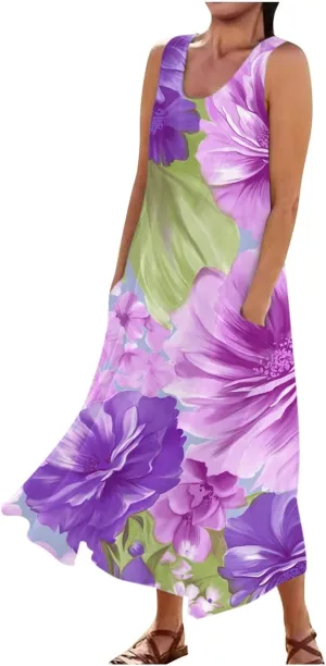 Women's Summer Dresses Cotton Linen Floral Print Dresses Sleeveless Beach Vacation Flowy Long Sundress with Pockets