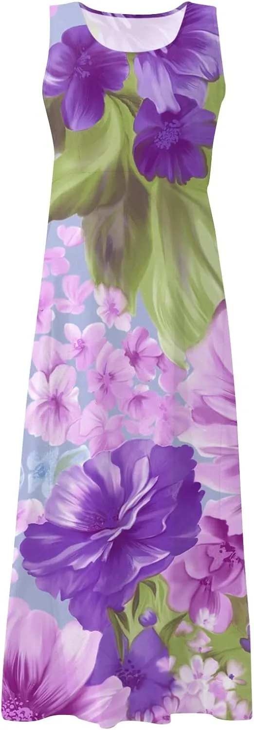 Women's Summer Dresses Cotton Linen Floral Print Dresses Sleeveless Beach Vacation Flowy Long Sundress with Pockets