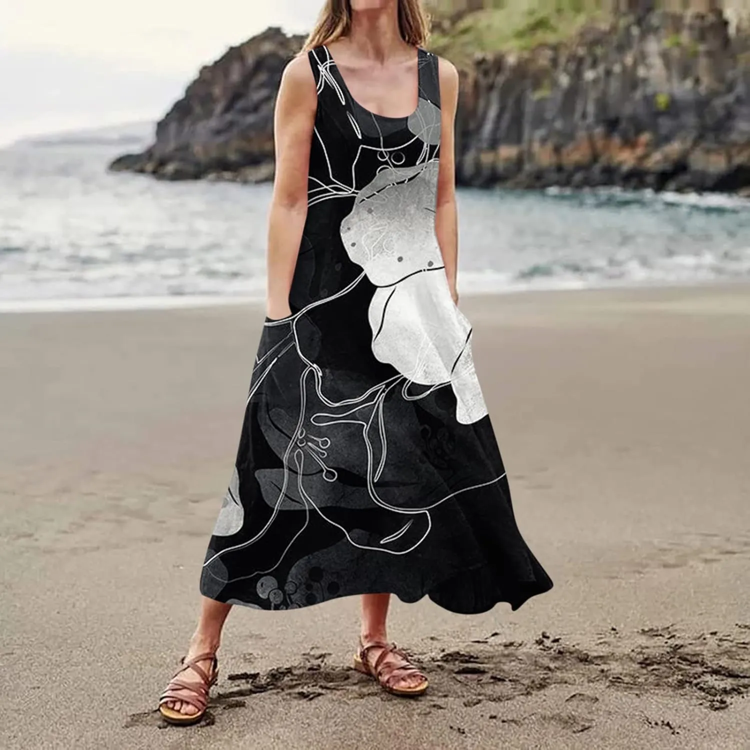 Women's Summer Dresses Cotton Linen Floral Print Dresses Sleeveless Beach Vacation Flowy Long Sundress with Pockets