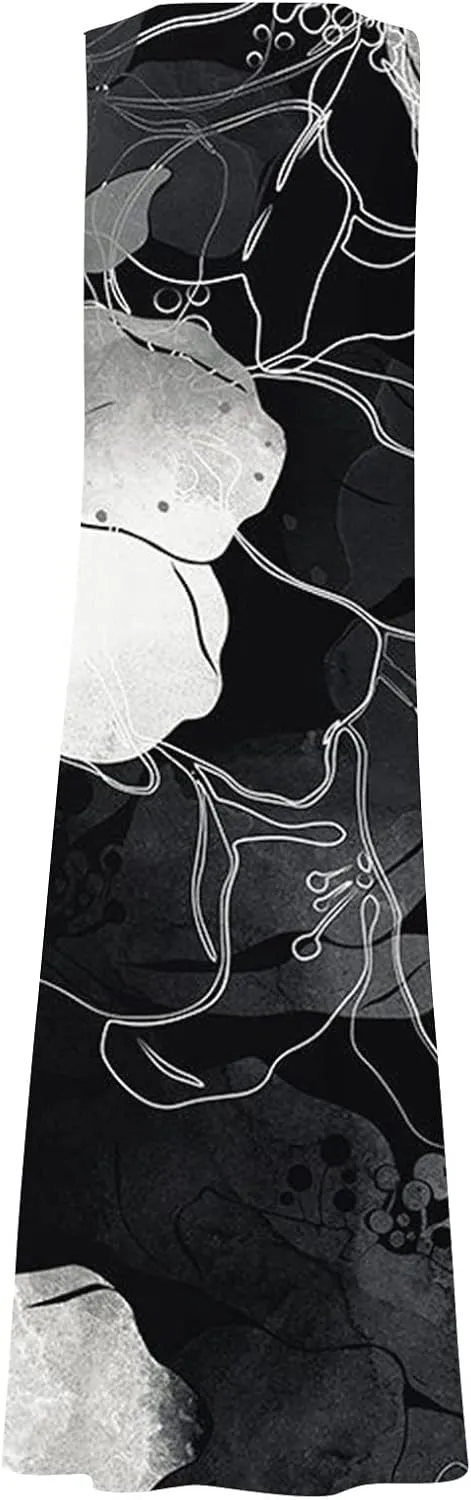 Women's Summer Dresses Cotton Linen Floral Print Dresses Sleeveless Beach Vacation Flowy Long Sundress with Pockets