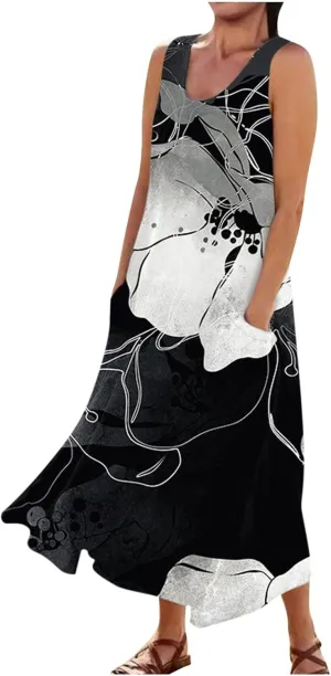 Women's Summer Dresses Cotton Linen Floral Print Dresses Sleeveless Beach Vacation Flowy Long Sundress with Pockets