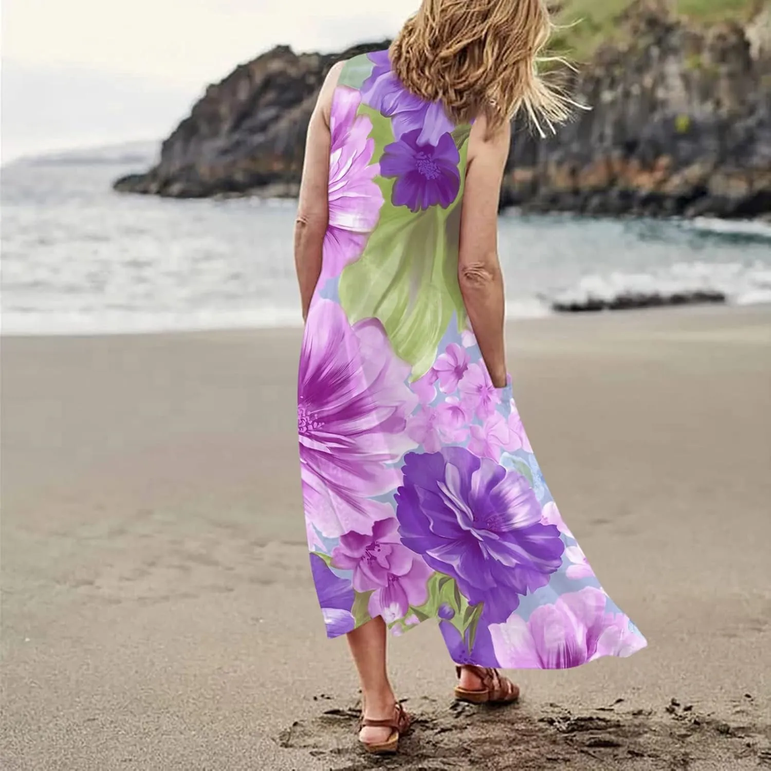 Women's Summer Dresses Cotton Linen Floral Print Dresses Sleeveless Beach Vacation Flowy Long Sundress with Pockets