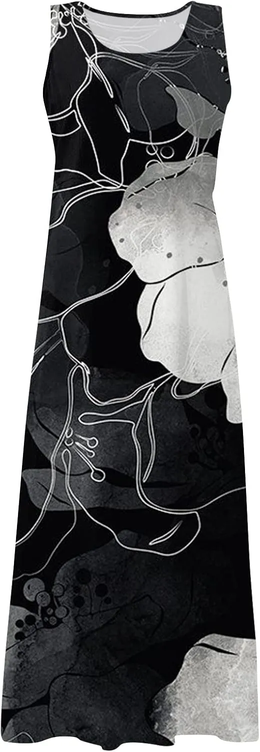 Women's Summer Dresses Cotton Linen Floral Print Dresses Sleeveless Beach Vacation Flowy Long Sundress with Pockets