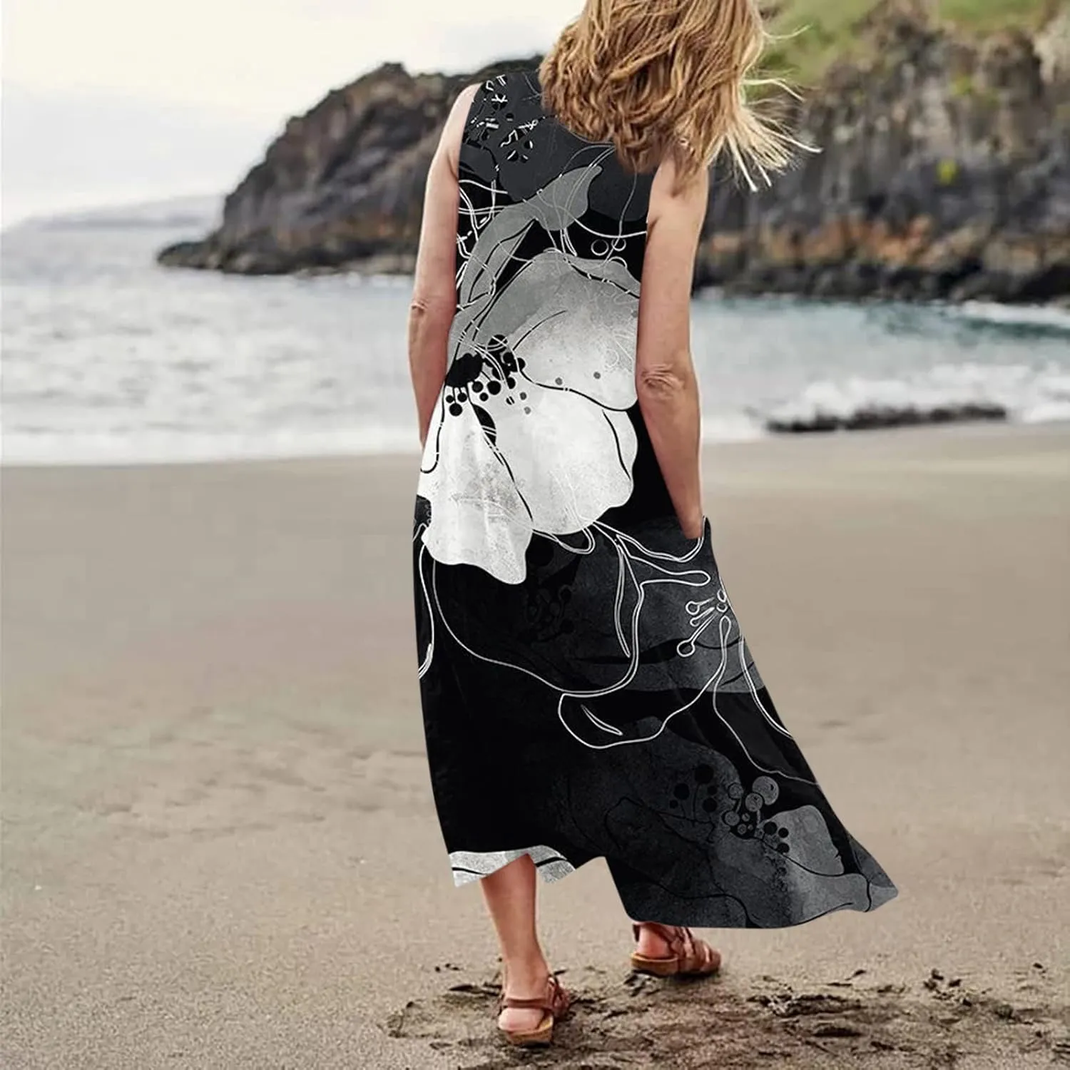 Women's Summer Dresses Cotton Linen Floral Print Dresses Sleeveless Beach Vacation Flowy Long Sundress with Pockets