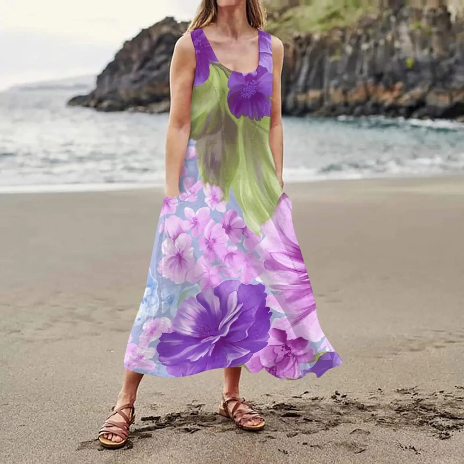 Women's Summer Dresses Cotton Linen Floral Print Dresses Sleeveless Beach Vacation Flowy Long Sundress with Pockets