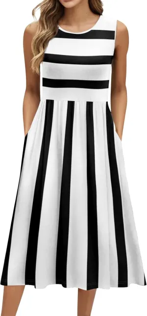 Womens Summer Dresses Flowy A-Line Sundresses Beach Floral Sleeveless Mid Dress Casual Tshirt Tank Dresses with Pockets