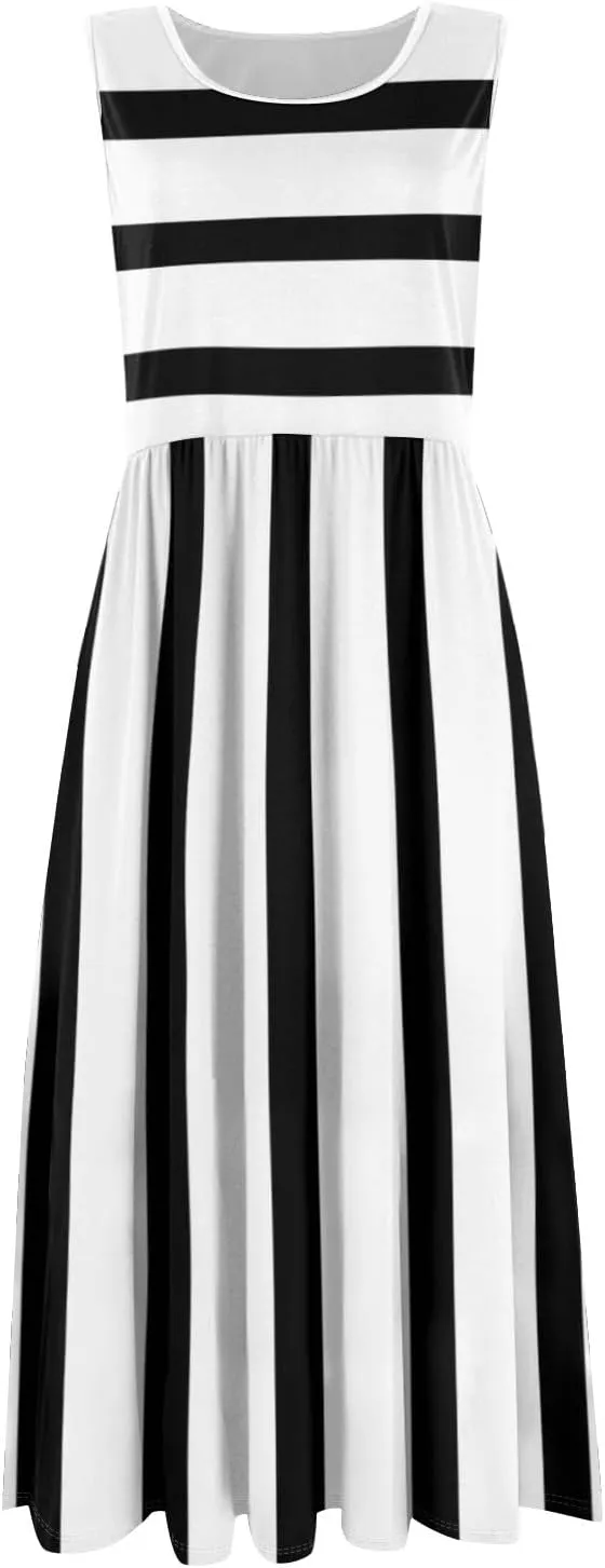 Womens Summer Dresses Flowy A-Line Sundresses Beach Floral Sleeveless Mid Dress Casual Tshirt Tank Dresses with Pockets