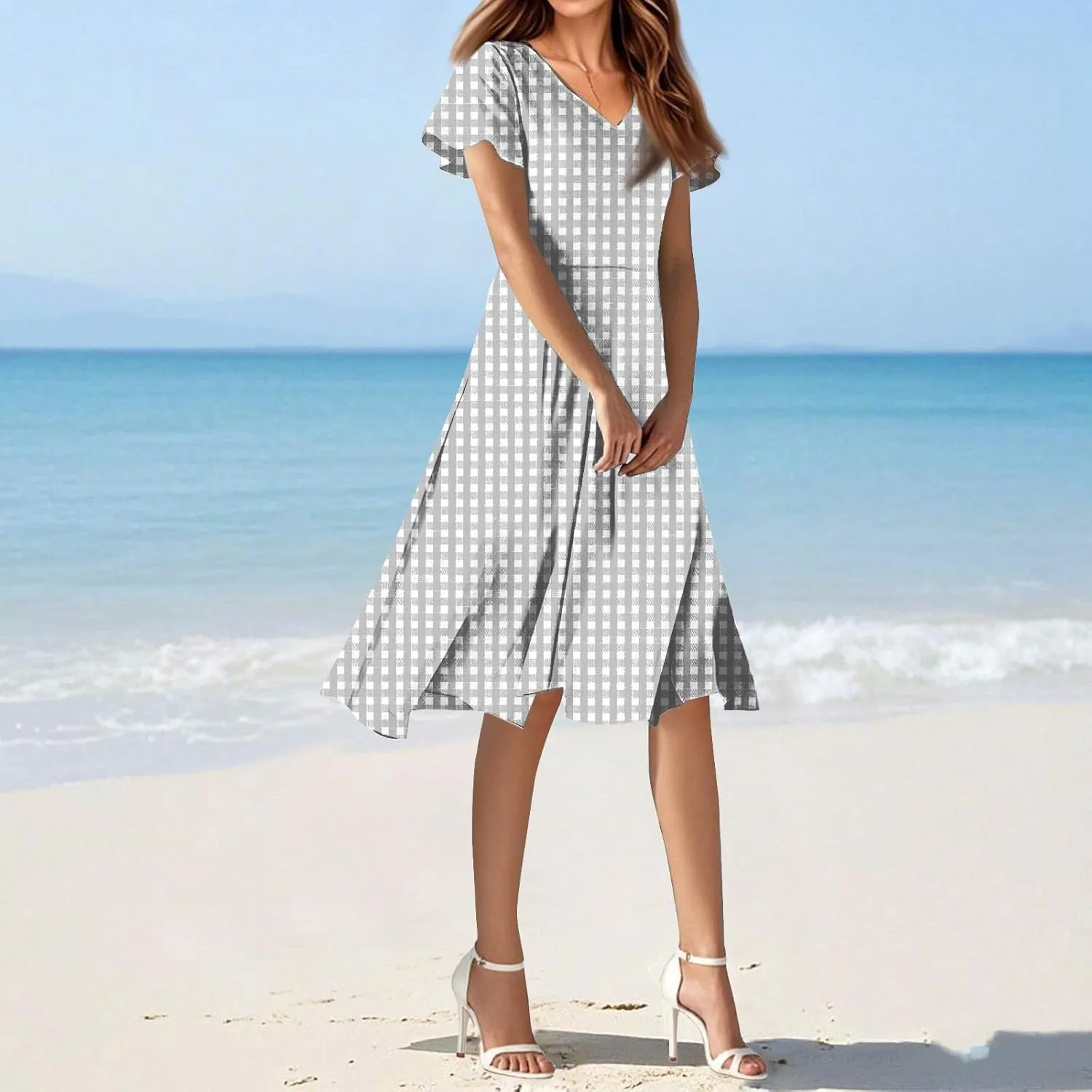 Womens Summer Dresses V Neck Short Sleeve Boho Dress Trendy Vacation Beach Party Mini Sundress Casual Flowy Sundresses