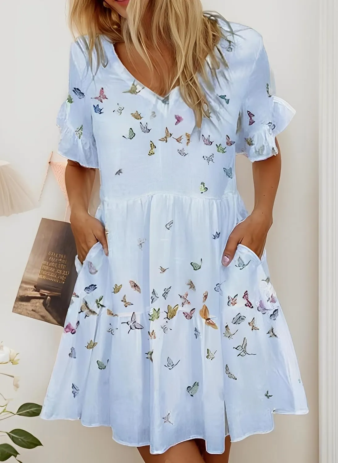 Womens Summer Ruffle Bell Sleeve V Neck Printed Sundress Casual Loose Tiered Swing Flowy Aline Mini Dress with Pockets