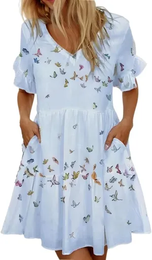 Womens Summer Ruffle Bell Sleeve V Neck Printed Sundress Casual Loose Tiered Swing Flowy Aline Mini Dress with Pockets