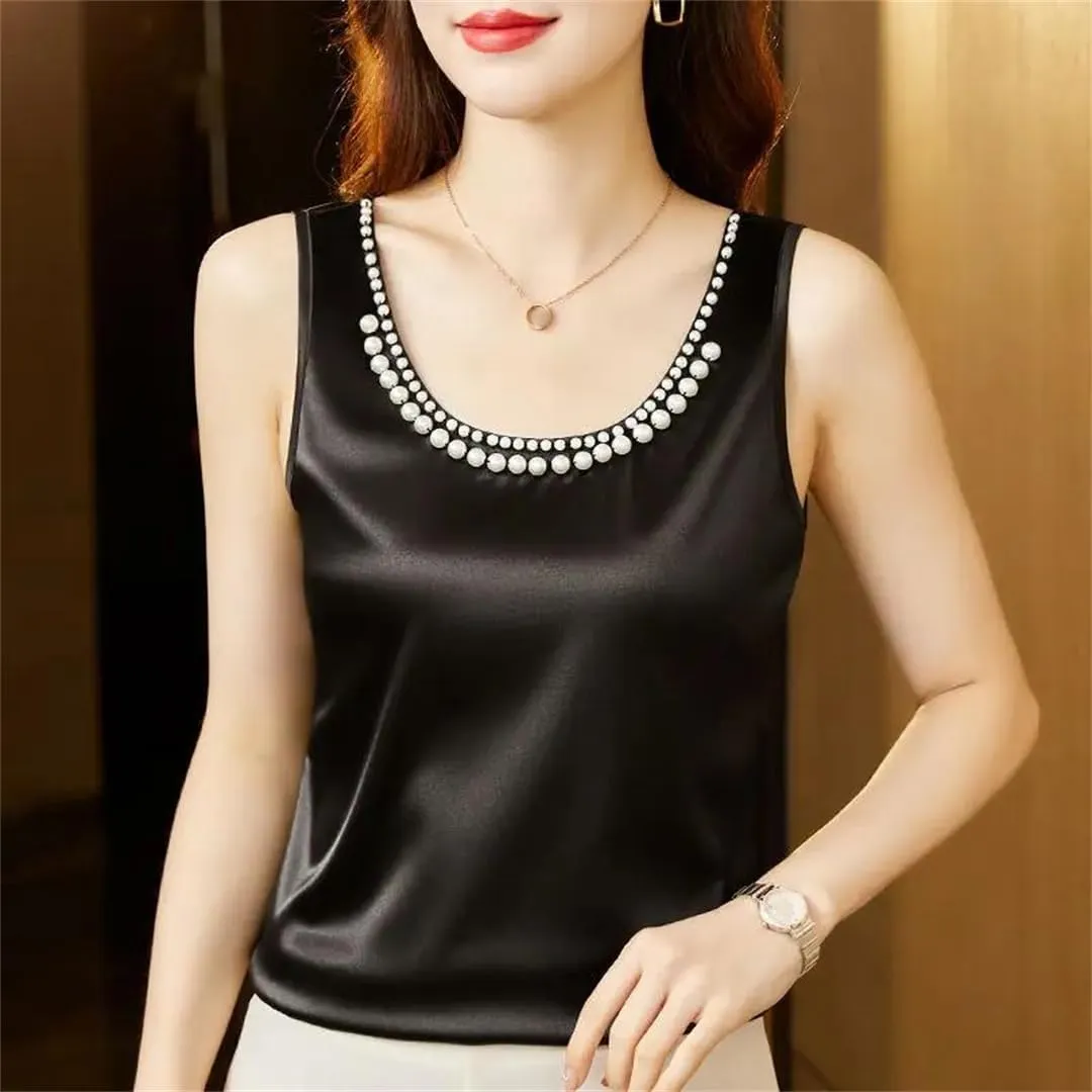Women's Summer Solid Color Round Neck Beading Sleeveless Commute Loose Pullover Tanks Camisole Tops
