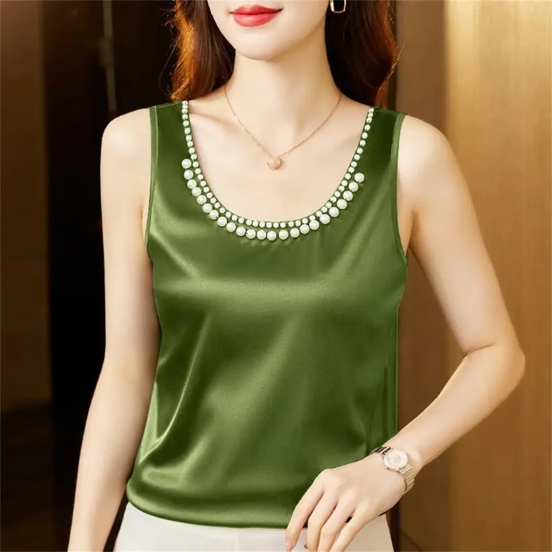 Women's Summer Solid Color Round Neck Beading Sleeveless Commute Loose Pullover Tanks Camisole Tops