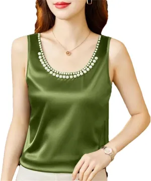 Women's Summer Solid Color Round Neck Beading Sleeveless Commute Loose Pullover Tanks Camisole Tops