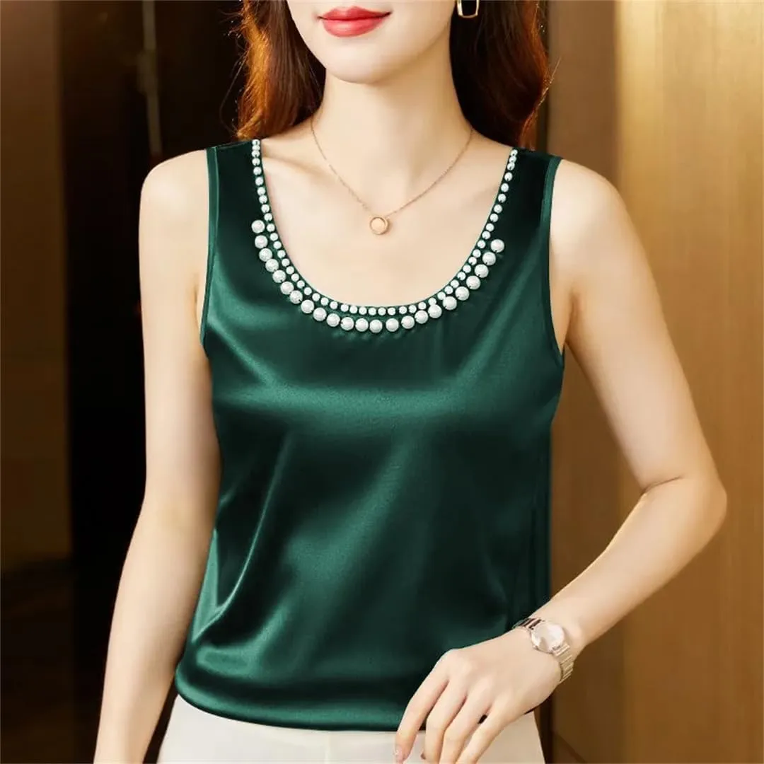 Women's Summer Solid Color Round Neck Beading Sleeveless Commute Loose Pullover Tanks Camisole Tops