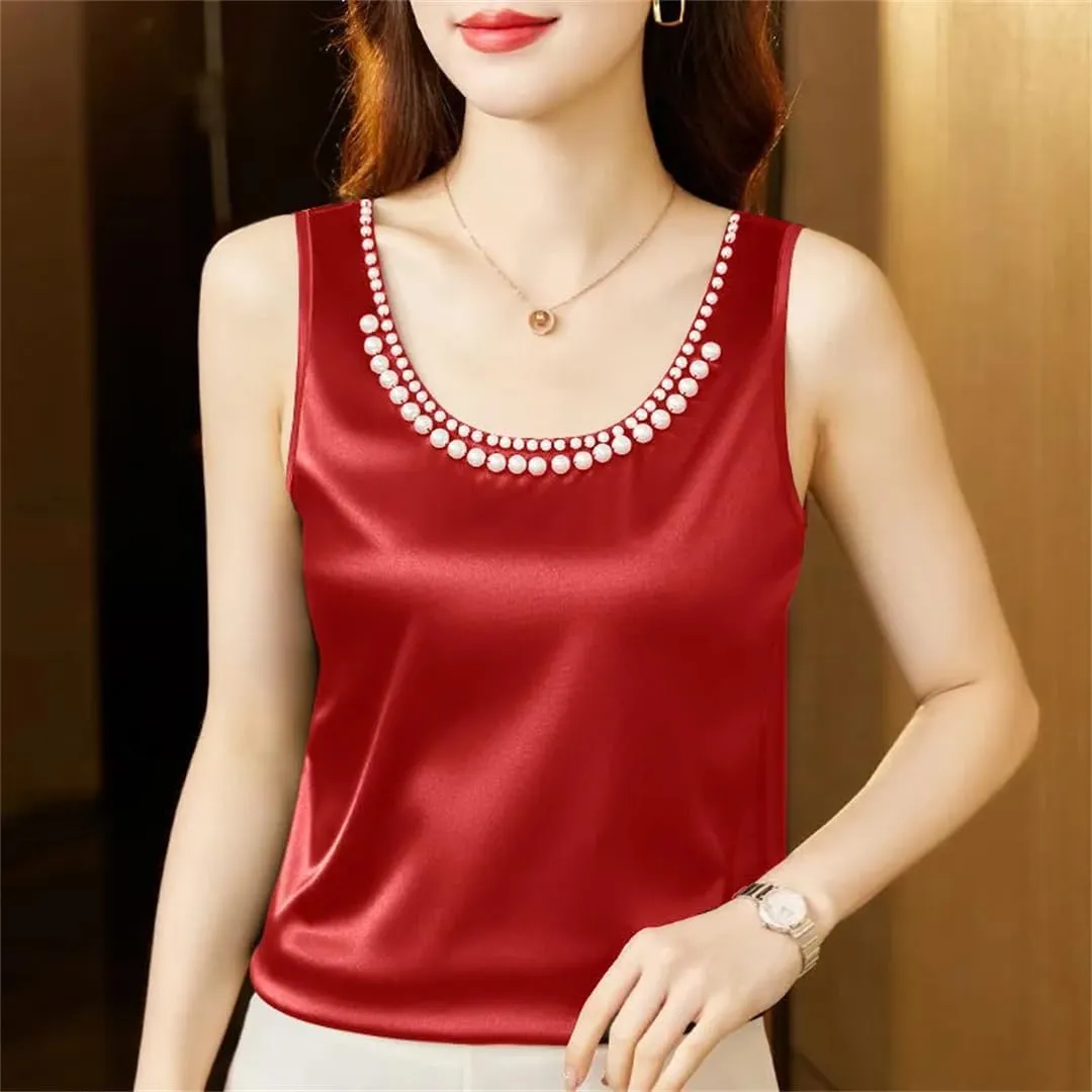 Women's Summer Solid Color Round Neck Beading Sleeveless Commute Loose Pullover Tanks Camisole Tops