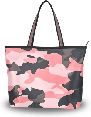 Womens Tote Bags Black Red Camo Print Reusable Grocery Handbag Bags with Zipper Large Size