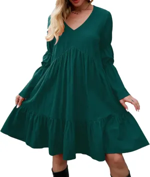 Womens Tunic V Neck Ruffles Babydoll Loose Swing Casual Long Mini T-Shirt Dress Boho Floral Printed Shift Dresses