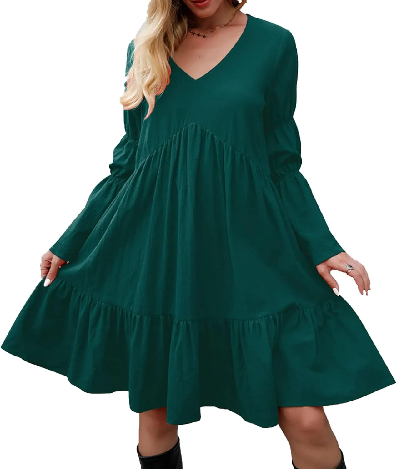 Womens Tunic V Neck Ruffles Babydoll Loose Swing Casual Long Mini T-Shirt Dress Boho Floral Printed Shift Dresses