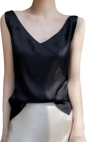 Womens V-Neck Silk Camisole Summer Sleeveless Thin Vest Jacquard Satin Tops Loose Bottoming Shirt