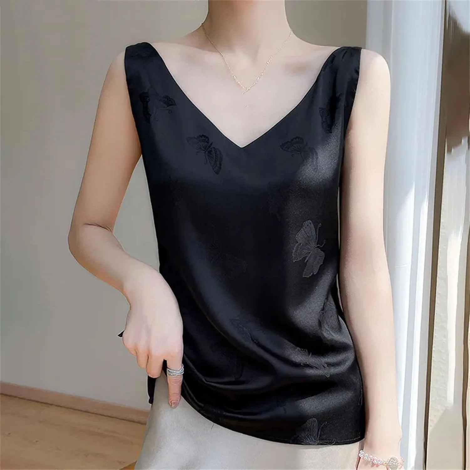 Womens V-Neck Silk Camisole Summer Sleeveless Thin Vest Jacquard Satin Tops Loose Bottoming Shirt