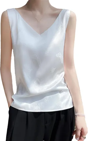 Womens V-Neck Silk Camisole Summer Sleeveless Thin Vest Jacquard Satin Tops Loose Bottoming Shirt