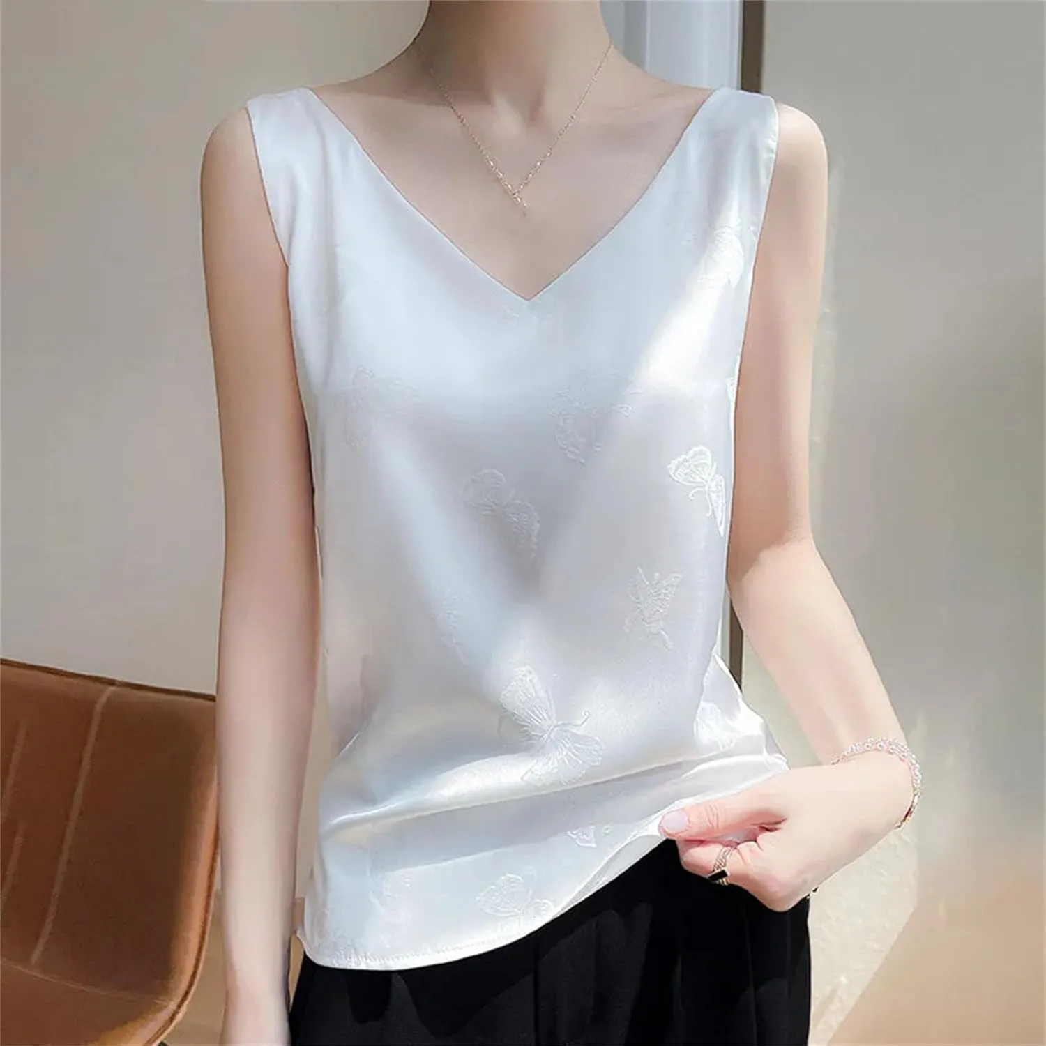 Womens V-Neck Silk Camisole Summer Sleeveless Thin Vest Jacquard Satin Tops Loose Bottoming Shirt