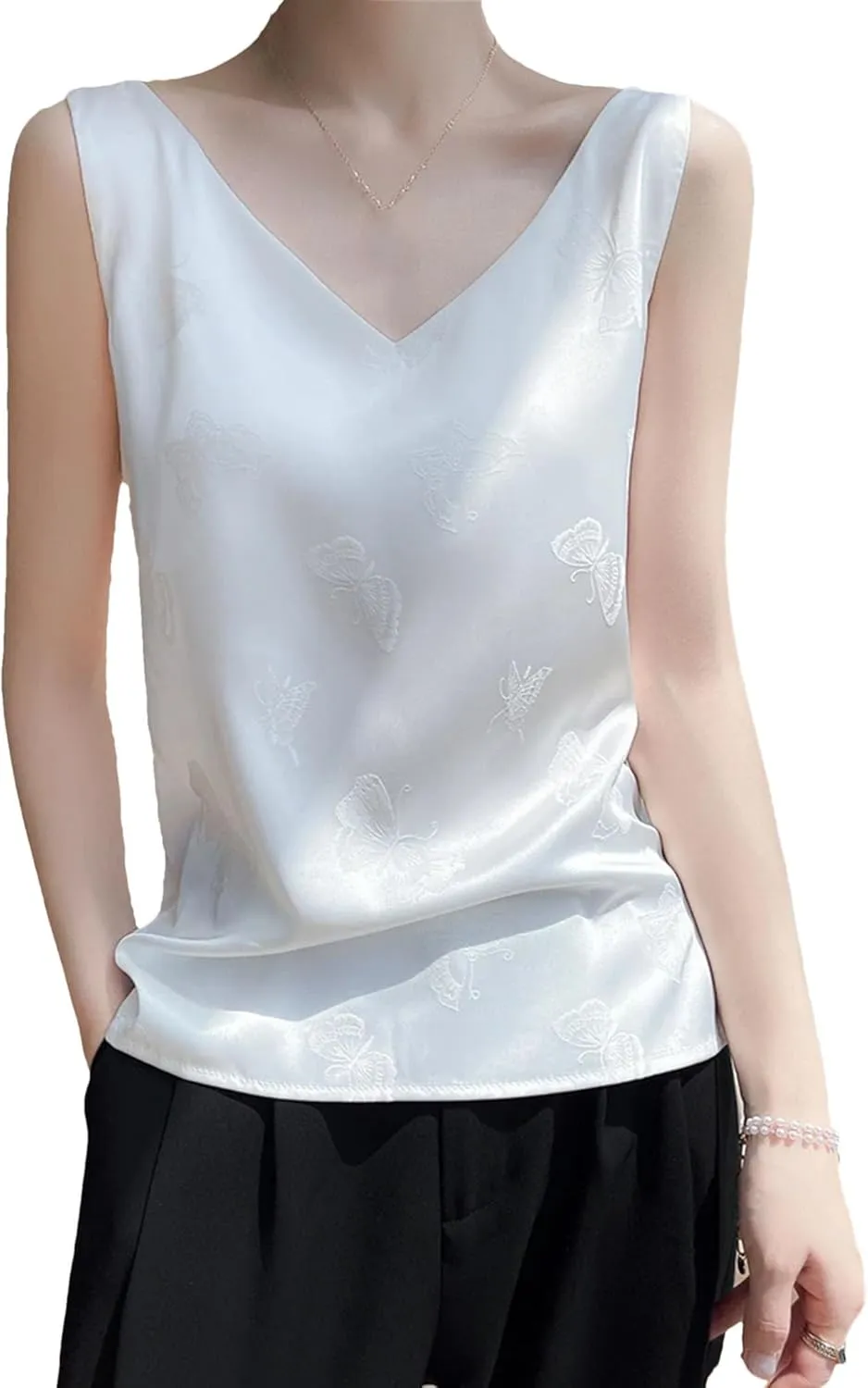 Womens V-Neck Silk Camisole Summer Sleeveless Thin Vest Jacquard Satin Tops Loose Bottoming Shirt