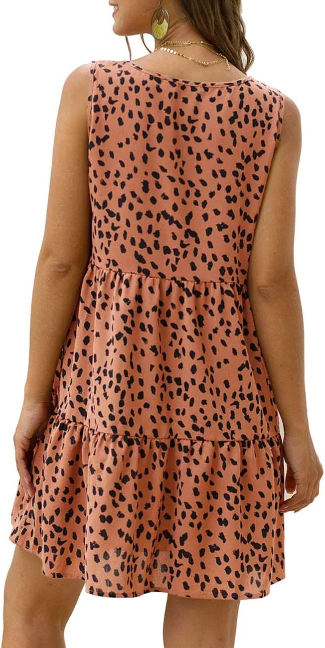 Women's V Neck Sleeveless Dot Print Dress Loose Ruffle Hem Swing Babydoll Dress
