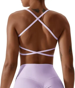 Workout Sports Bras for Women Padded Backless Low Impact Fitness Yoga Bra Criss-Cross Strappy Cropped Tank Top